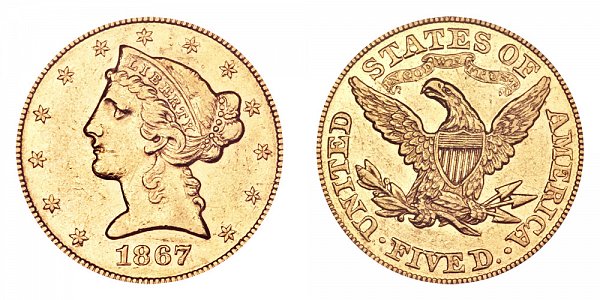 1867 Liberty Head $5 Gold Half Eagle - Five Dollars 