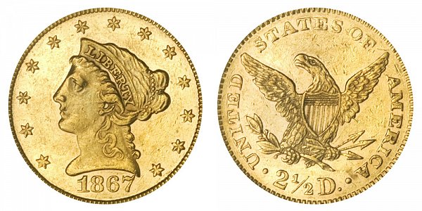 1867 Liberty Head $2.50 Gold Quarter Eagle - 2 1/2 Dollars 