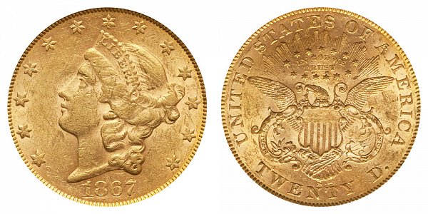 1867 S Liberty Head $20 Gold Double Eagle - Twenty Dollars 