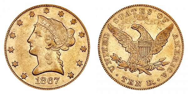 1867 S Liberty Head $10 Gold Eagle - Ten Dollars 