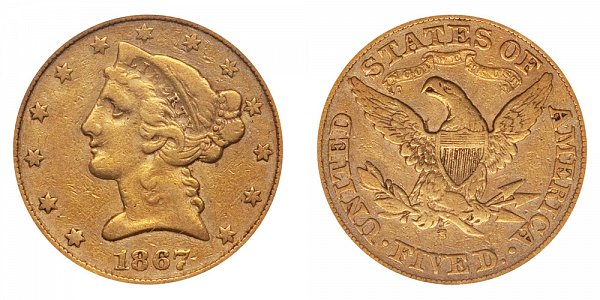 1867 S Liberty Head $5 Gold Half Eagle - Five Dollars 