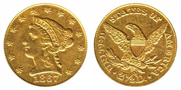 1867 S Liberty Head $2.50 Gold Quarter Eagle - 2 1/2 Dollars 