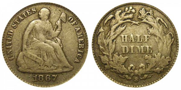 1867 S Seated Liberty Half Dime 