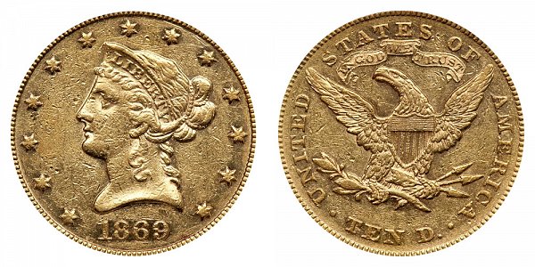 1869 Liberty Head $10 Gold Eagle - Ten Dollars 