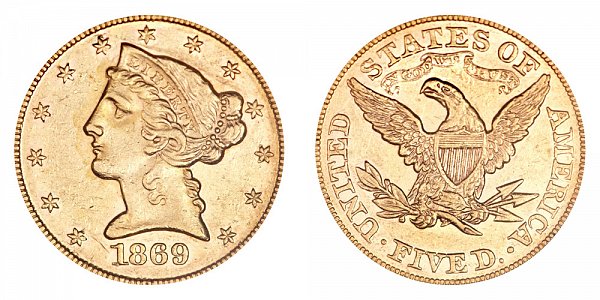 1869 Liberty Head $5 Gold Half Eagle - Five Dollars 