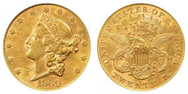 1869 S Liberty Head $20 Gold Double Eagle - Twenty Dollars 