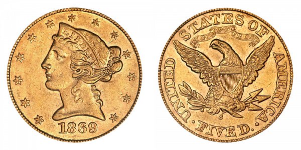 1869 S Liberty Head $5 Gold Half Eagle - Five Dollars 