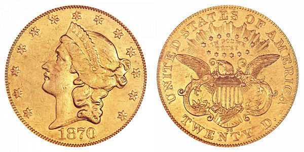 1870 CC Liberty Head $20 Gold Double Eagle - Twenty Dollars 