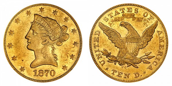 1870 CC Liberty Head $10 Gold Eagle - Ten Dollars 