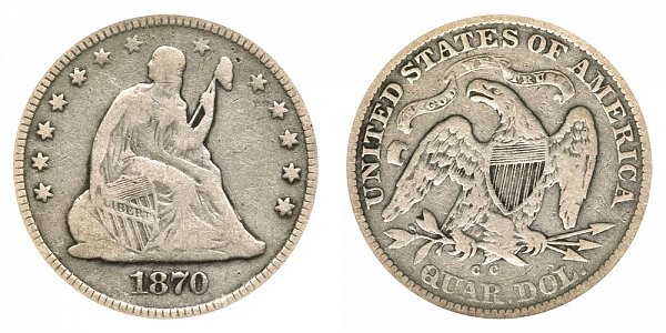 1870 CC Seated Liberty Quarter 