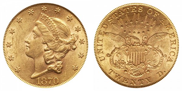 1870 Liberty Head $20 Gold Double Eagle - Twenty Dollars 