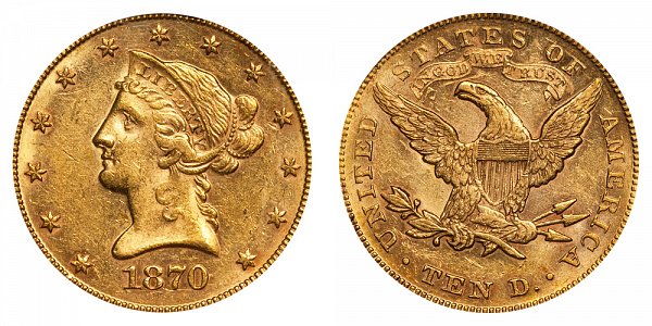 1870 Liberty Head $10 Gold Eagle - Ten Dollars 