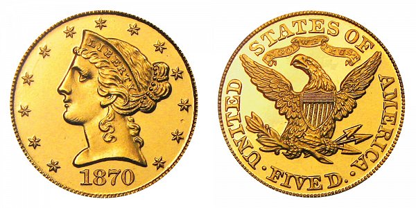 1870 Liberty Head $5 Gold Half Eagle - Five Dollars 