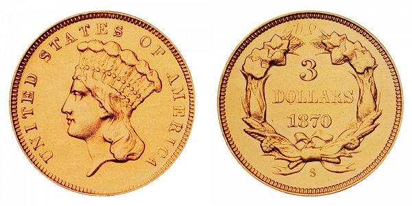 1870 S Indian Princess Head $3 Gold Dollars - Three Dollars 