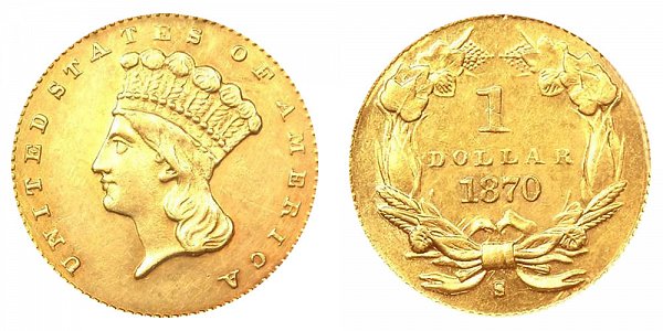 1870 S Large Indian Princess Head Gold Dollar G$1 
