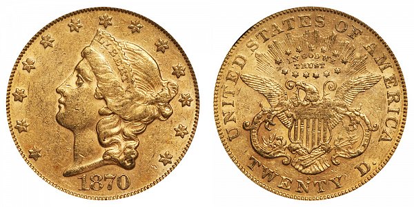 1870 S Liberty Head $20 Gold Double Eagle - Twenty Dollars 