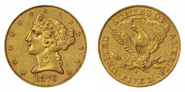 1870 S Liberty Head $5 Gold Half Eagle - Five Dollars 