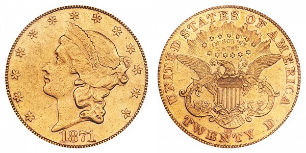 1871 CC Liberty Head $20 Gold Double Eagle - Twenty Dollars 