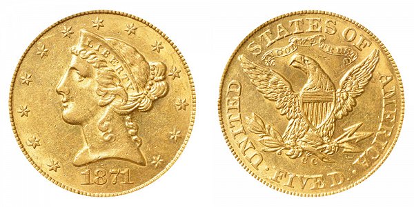 1871 CC Liberty Head $5 Gold Half Eagle - Five Dollars 