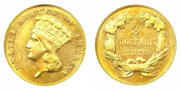 1871 Indian Princess Head $3 Gold Dollars - Three Dollars 