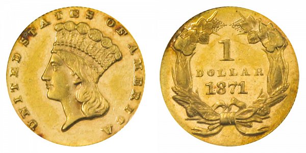 1871 Large Indian Princess Head Gold Dollar G$1 