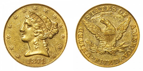 1871 Liberty Head $5 Gold Half Eagle - Five Dollars 