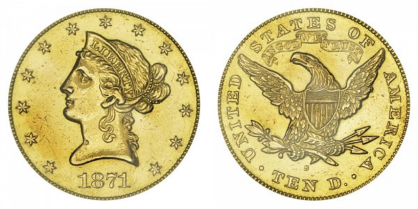 1871 S Liberty Head $10 Gold Eagle - Ten Dollars 