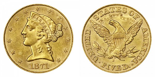 1871 S Liberty Head $5 Gold Half Eagle - Five Dollars 