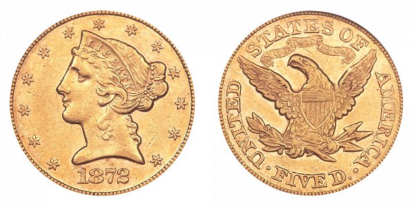1872 Liberty Head $5 Gold Half Eagle - Five Dollars 