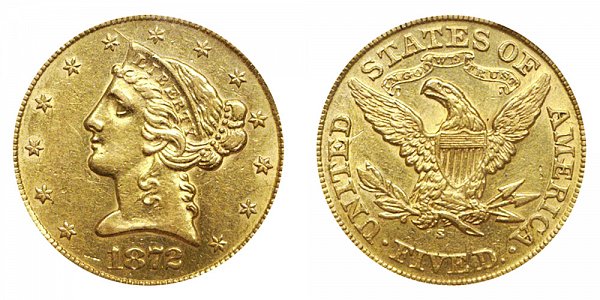 1872 S Liberty Head $5 Gold Half Eagle - Five Dollars 