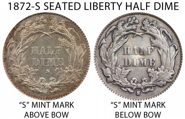 1872 S Seated Liberty Half Dime - Mint Mark Above Bow vs Below Bow 