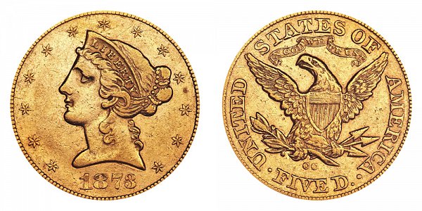 1873 CC Liberty Head $5 Gold Half Eagle - Five Dollars 