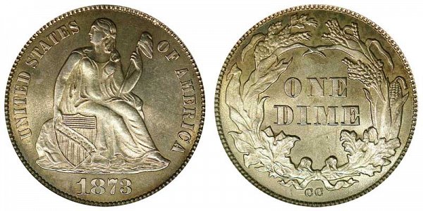 1873 CC Seated Liberty Dime - No Arrows