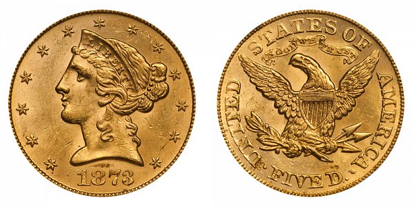 1873 Closed 3 Liberty Head $5 Gold Half Eagle - Five Dollars 