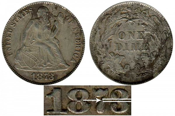 1873 Closed 3 Seated Liberty Dime - No Arrows 