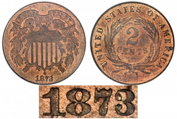 1873 Closed 3 Proof Two Cent Piece