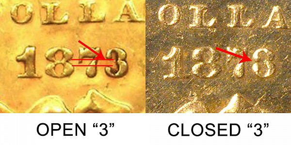 1873 Closed 3 vs Open 3 Large Indian Head Gold Dollar - Difference and Comparison