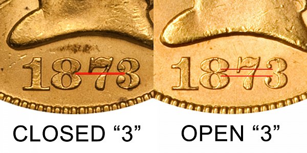 1873 Open 3 vs Closed 3 - $5 Liberty Head Gold Half Eagle - Difference and Comparison