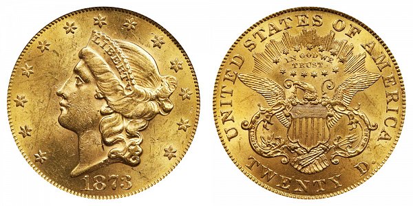 1873 Open 3 Liberty Head $20 Gold Double Eagle - Twenty Dollars 