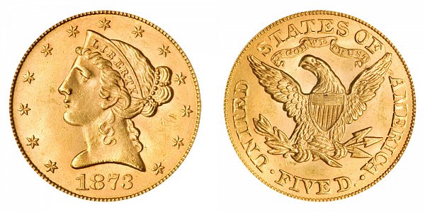 1873 Open 3 Liberty Head $5 Gold Half Eagle - Five Dollars