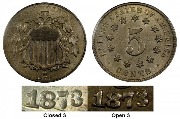 1873 Open 3 Shield Nickel 