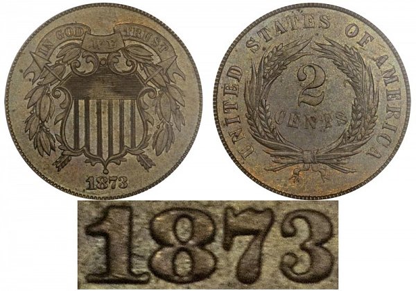 1873 Open 3 Restrike Two Cent Piece