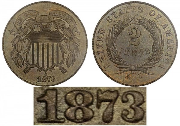 1873 Open 3 Restrike Two Cent Piece 