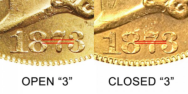 1873 Open 3 vs Closed 3 - $20 Liberty Head Gold Double Eagle - Difference and Comparison