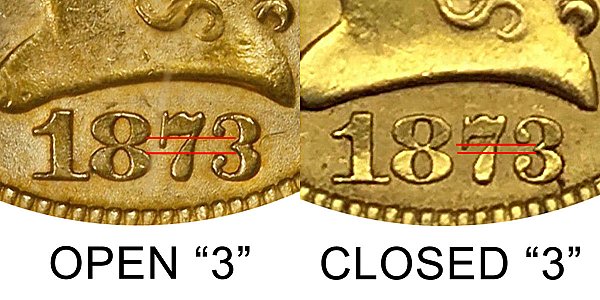 1873 Open 3 vs Closed 3 Liberty Head $2.50 Gold Quarter Eagle - Difference and Comparison