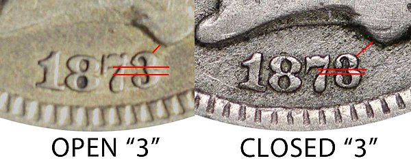1873 Open 3 vs Closed 3 Nickel Three Cent Piece - Difference and Comparison