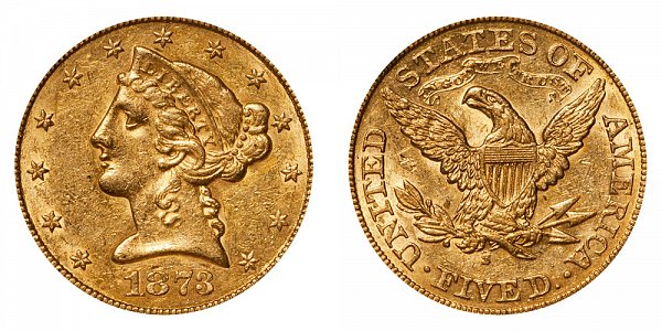 1873 S Liberty Head $5 Gold Half Eagle - Five Dollars 