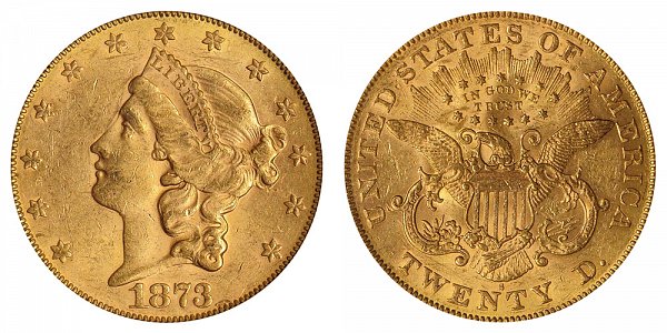 1873 S Open 3 Liberty Head $20 Gold Double Eagle - Twenty Dollars 