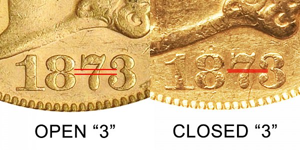 1873-S Open 3 vs Closed 3 - $20 Liberty Head Gold Double Eagle - Difference and Comparison