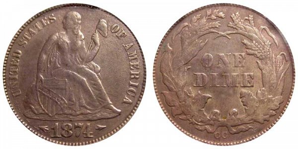 1874 CC Seated Liberty Dime - With Arrows At Date 